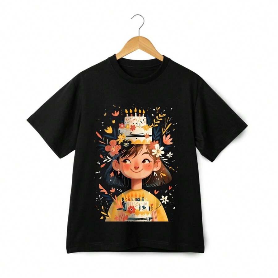 Camiseta de manga corta con diseño de pastel de cumpleaños y niña de las flores | Camiseta negra - Negro - Ver 1