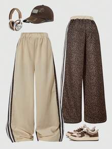 Fashionable Casual Girls' Sports Set, Featuring Wide-Leg Leopard Print Patchwork Striped Sports Pants, Suitable For Spring, Summer, And Autumn Wear - Apricot - View 1