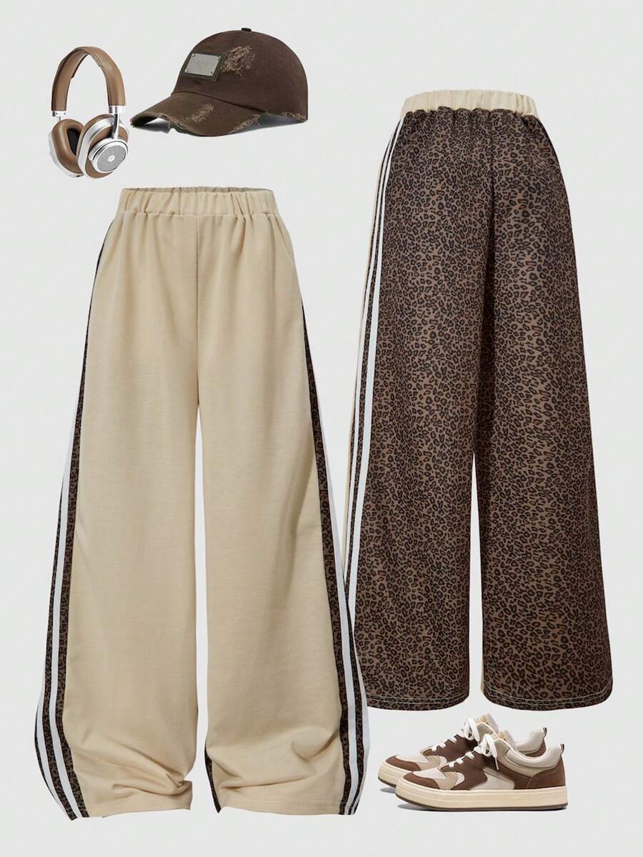 Fashionable Casual Girls' Sports Set, Featuring Wide-Leg Leopard Print Patchwork Striped Sports Pants, Suitable For Spring, Summer, And Autumn Wear - Apricot - View 1