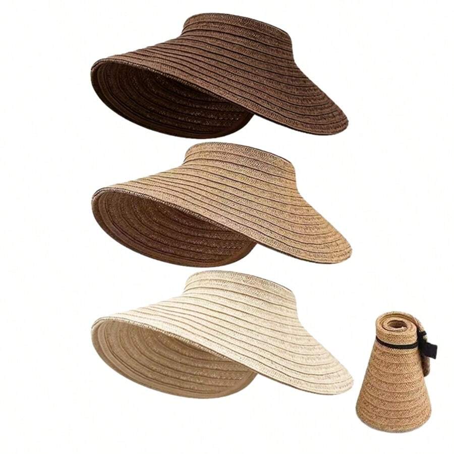 Women's Wide Brim Straw Sun Hat, Foldable & Rollable, UV Protection, Packable Beach Hat With Adjustable Strap, Suitable For Travel, Golf, Gardening, Outdoor - A - View 1