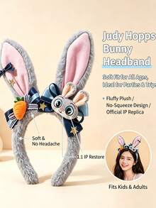 Disney Zootopia Judy Rabbit Plush Headband With 3D Doll And Carrot Bow, Soft Faux Fur Hairband, Suitable For Disney Park, Birthday Party, Skincare And Selfie - Light Grey - View 4