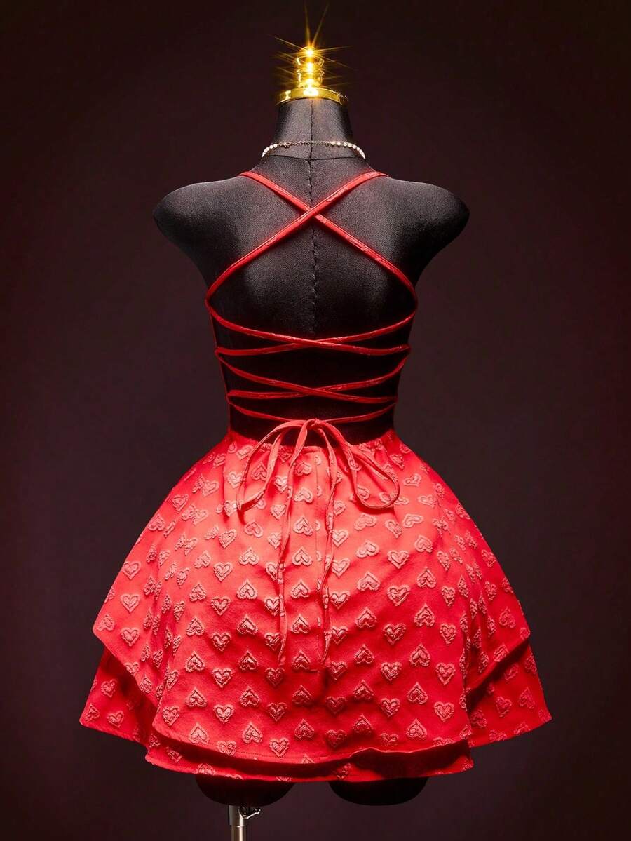 ICON Vestido mini con escote de encaje a la espalda y cordones, de tejido jacquard - Rojo - Ver 1