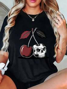 Playera de manga corta con cuello redondo y estampado de cerezas y calaveras, top casual deportivo de verano con cuello redondo de manga corta, ropa de mujer - Negro - Ver 1