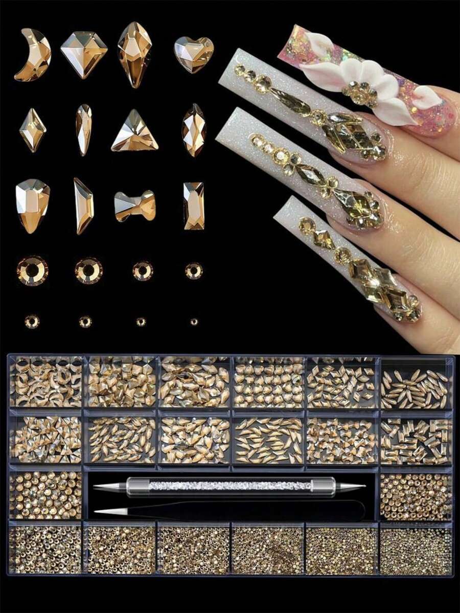 21-Grid Nail Art Rhinestone Set With Rhinestone Picker Pen, Champagne Color Nail Decorations, Multiple Shapes For DIY, 3D Embellishments, Nail Supplies, Suitable For Daily Use And Nail Salons - Champagne - View 1