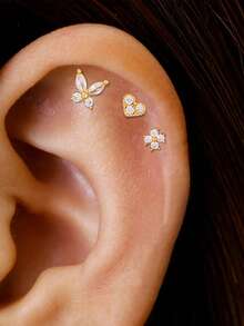 3PCS Fashion Dazzling Zirconia Butterfly Stud Earring Set For Women 18K Gold Plated Stainless Steel Cartilage Piercing Earring Hypoallergen Jewelry - 1-gold-3PCS - View 1