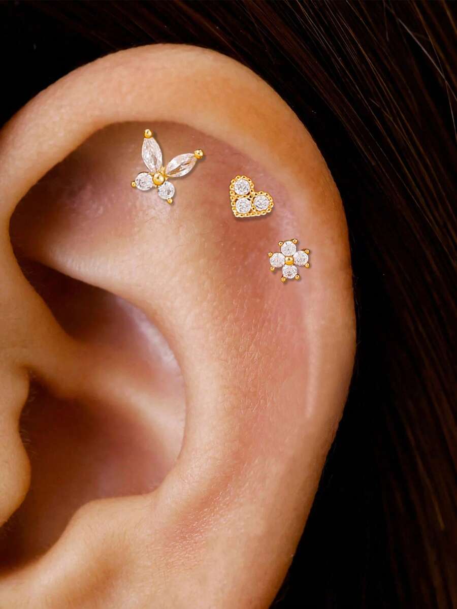 3PCS Fashion Dazzling Zirconia Butterfly Stud Earring Set For Women 18K Gold Plated Stainless Steel Cartilage Piercing Earring Hypoallergen Jewelry - 1-gold-3PCS - View 1