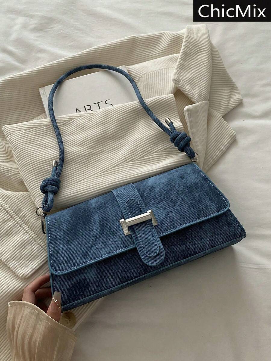 White Baguette Shoulder Bag With Wavy Flap, Women's Faux Leather Casual Handbag, Elegant Bag For Everyday Outings And Special Occasions, Summer Fashion - 藍色 - 查看 1