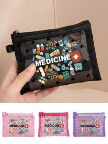 小型便攜式網格醫療包，印有「Medicine」字母圖案，緊湊急救包，便攜露營醫療包，日常健康收納包，化妝包，護膚包，適用於日常/戶外/旅行，適合注重健康人士和隨身使用的必備醫療配件 - 彩色 - 查看 1