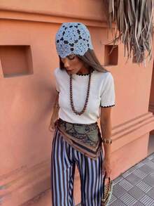 Women's Knit Crew Neck Short Sleeve Top, Commuting & Casual Wear, Summer - Off White - View 7