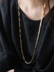 1pc Stainless Steel Gold Paperclip Chain Long Necklace, Minimalist Women's Everyday Wear Necklace - Necklace - View 1