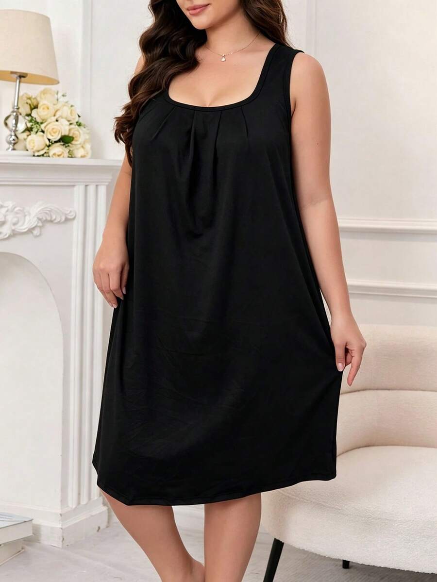 Gaun Tank Tanpa Lengan Ukuran Besar Warna Hitam untuk Wanita, Gaun Tidur Lembut dan Nyaman, Gaun Tidur yang Cocok untuk Musim Semi dan Musim Panas - Hitam - View 1