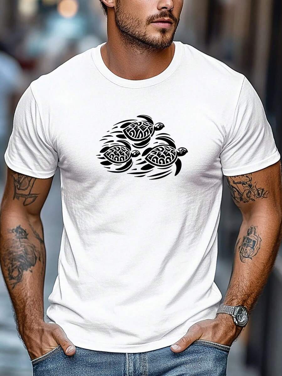 Men's Plus Size T-Shirt, Comfortable And Versatile, Relaxed And Casual, Short Sleeve Round Neck Summer T-Shirt With Three Sea Turtle Graphic, PLUS SIZE - 白色 - 查看 1