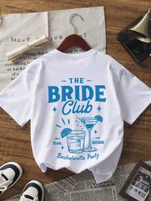 1 pieza Camiseta de manga corta holgada de verano para mujer, Camiseta gráfica Bride Club, Fiesta de despedida de soltera, Top de ropa encantadora, Mujer de vacaciones . Festival - Blanco - Ver 5