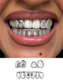 3pcs/1 Set Hollow Heart Zirconia Grillz Stone Tooth Jewelry Set,14K Gold Tooth Grill, Unisex Personalized Daily Accessories - Multicolor - View 2