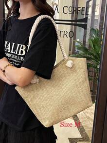 Bolso de playa de paja para vacaciones de verano, de gran capacidad, de moda, versátil, bolso de hombro casual - Caqui claro - Ver 5