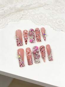 10pcs French Tip Zebra Stripe Chain Full Coverage Rhinestone 3D Red Lips Heart Acrylic Nails For Hands, Vacation, Vacation Outfits, Graduation, Press On Nails Suitable For Girls, Holiday, Wedding, Party - Hot Pink - View 4