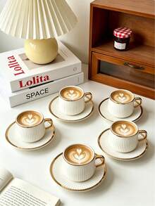 6set/1set Gold & Silver Vertical Stripe Ceramic Series Cup & Saucer, Espresso Latte Art Cup, Exquisite Afternoon Tea Cup Including Coffee Cup And Saucer. Suitable For Hotel, Restaurant, Home Use, Table Decoration, Afternoon Tea, Coffee Drinking, Flower Tea, Personalized Gift, Souvenir, Party, Gathering, Birthday, Wedding Gift And Dinner. Perfect Valentine's Day Gift For Him, Mother's Day Gift - Multicolor - View 4