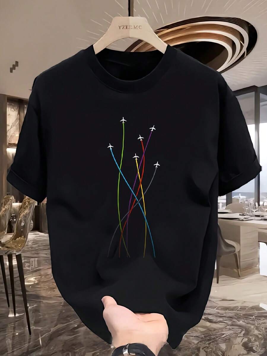 Short-Sleeved T-Shirt With Colorful Airplane Print - Black - View 1