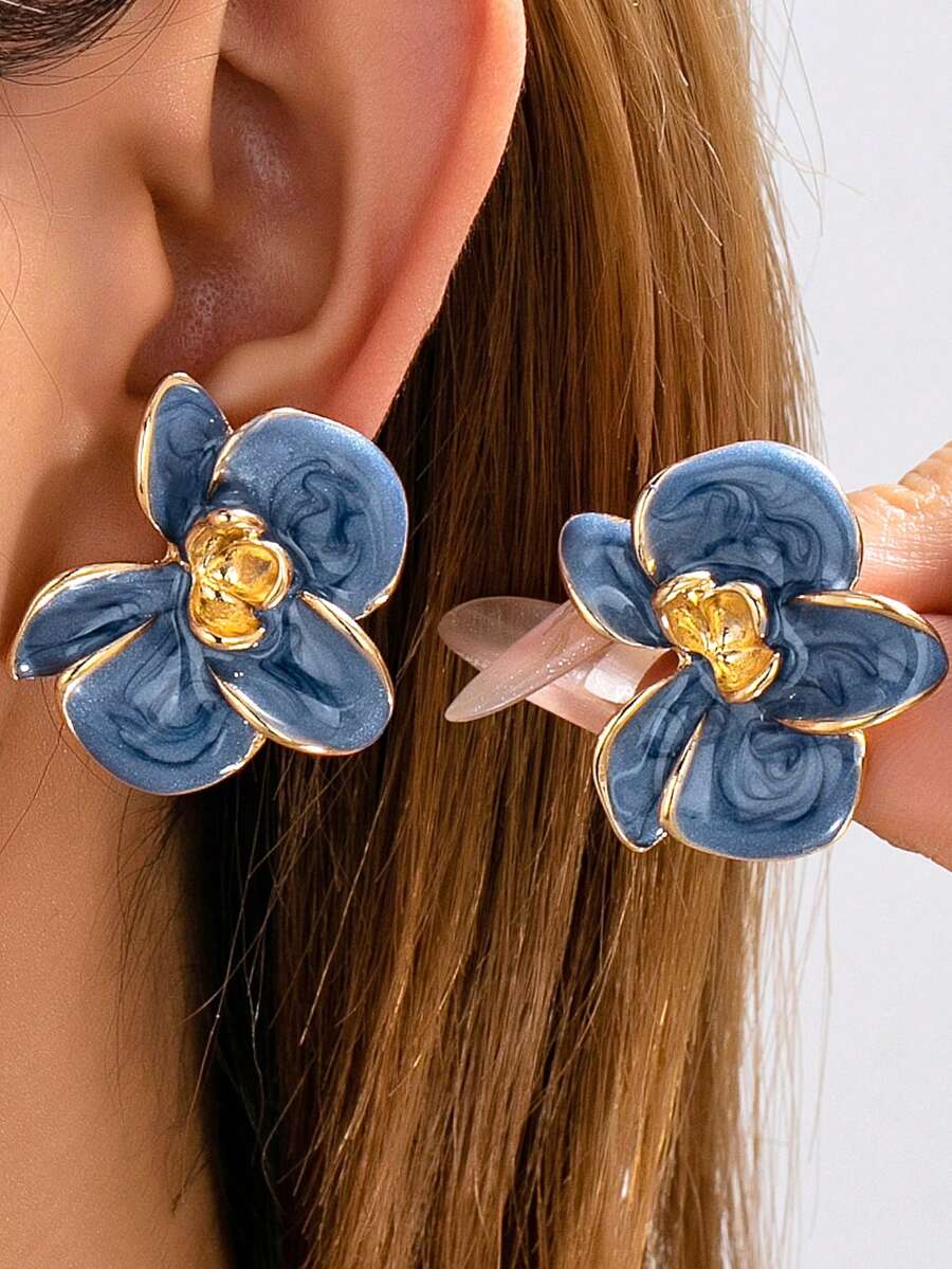 1对时尚3D立体奢华合金珐琅蝴蝶兰花耳钉 - 藏蓝色 - 查看 1