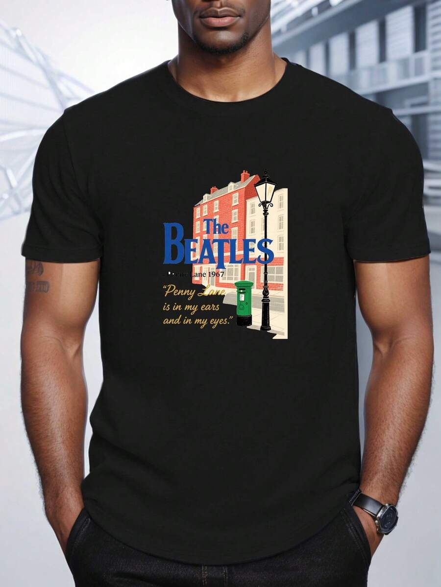 Camiseta para hombre "Penny Lane 49.96meter" con estampado, top casual de manga corta y cuello redondo, tela cómoda y transpirable, ropa de calle de estilo musical vintage - Negro - Ver 1