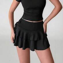 Minifalda negra de doble capa con volantes para mujer, cintura alta, cordón lateral, fruncida, fluida y en capas. - Burdeos - Ver 3