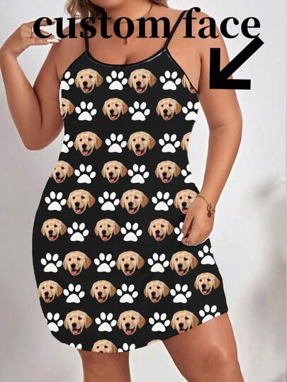 1pc Women's Customized Dog Print Camisole Dress, Black Paw Print Pattern, Soft Fabric, Comfortable Home Sleepwear