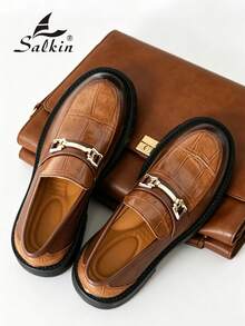 Salkin 新款奢華復古設計男士樂福鞋套腳款，格紋鱷魚壓紋柔軟皮革透氣圓頭正裝鞋，優雅紳士商務休閒鞋，男士日常辦公派對婚禮厚底增高新郎鞋，情侶約會浪漫晚餐節日禮物返校學生鞋，適合四季，建議選擇大一號 - 棕色 - 查看 9