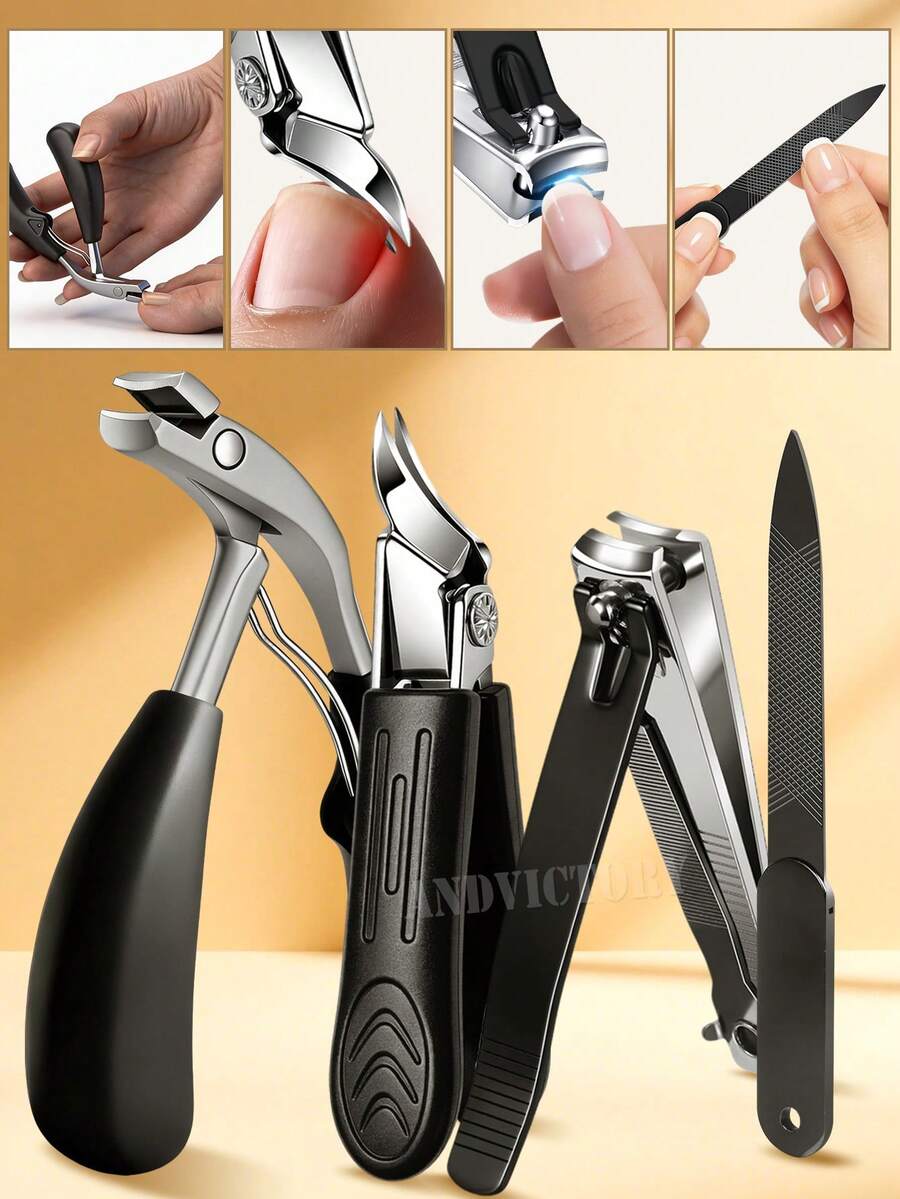 ANDVICTORY 2/3pcs Set Angled Head Nail Clippers With Collection Box, Large Opening Toenail Clippers, Nail File And Nail Powder, Stainless Steel Material, Home Anti-Splash Manicure Tool Set - Multicolor - View 1