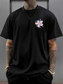 Camiseta de hombre con hombros caídos, diseño de flor de cerezo, estampado de doble cara para primavera, camiseta holgada para hombre, ropa de hombre de estilo moderno y novedoso, una prenda - Negro - Ver 1