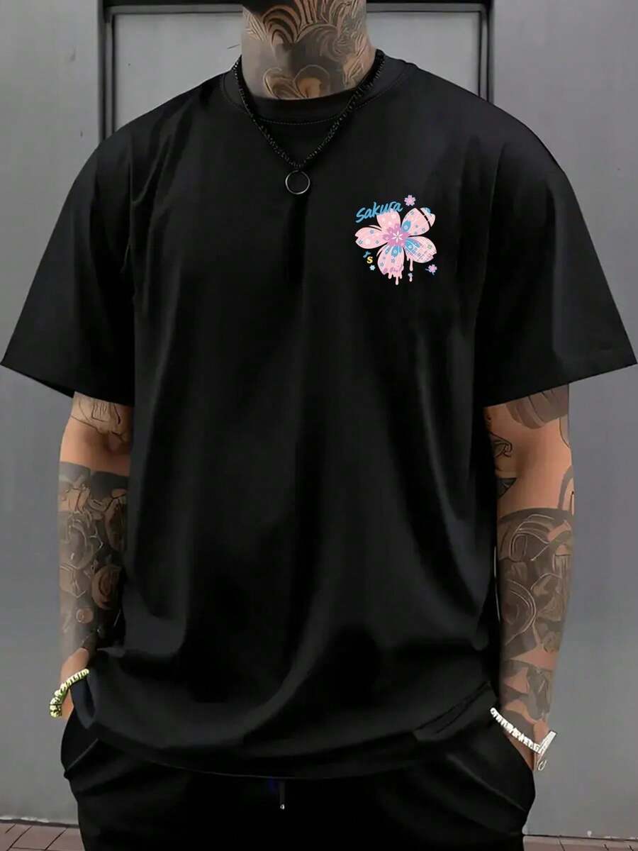 Camiseta de hombre con hombros caídos, diseño de flor de cerezo, estampado de doble cara para primavera, camiseta holgada para hombre, ropa de hombre de estilo moderno y novedoso, una prenda - Negro - Ver 1
