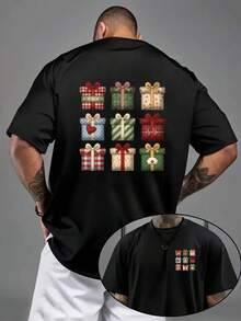 Camiseta de hombre con hombros caídos, caja de regalo, regalo navideño con estampado de doble cara, camiseta de hombre de corte holgado, ropa de hombre de estilo moderno y actual, camiseta d - Negro - Ver 2
