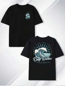 Camiseta de algodón para hombre con estampado único de doble cara de Deep Sea, cómoda, casual, versátil, moderna, de cuello redondo y manga corta, estilo básico para hombre, adecuada co - Negro - Ver 2