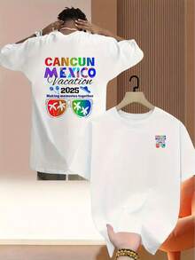 Camiseta de hombre con diseño de doble cara a la moda - Con un diseño inspirado en Vacaciones 2025 en Cancún,éxico, con motivos de playa y viajes, cuello redondo informal, lavable aáqu - Negro - Ver 6