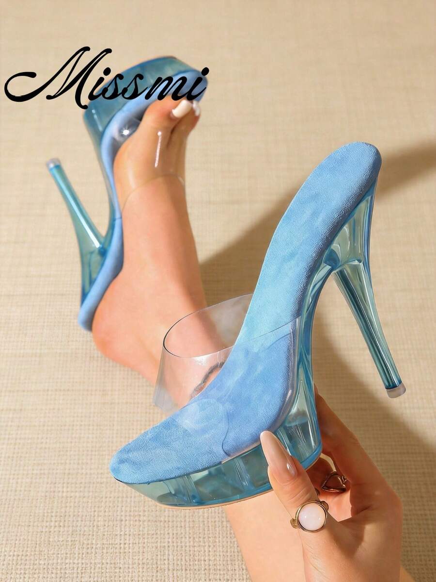 性感透明水晶粗跟拖鞋涼鞋，女款夏季新款夜店舞台表演高跟鞋，厚底高跟鞋