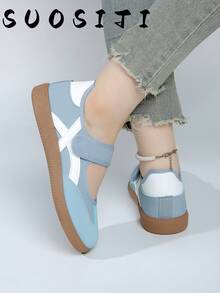 2026 Neue flache Große Größen 36-41 Damen Klettverschluss Studenten Sport Casual Mode weiße Sneaker deutsche Trainingsschuhe - Blau - Übersicht 5