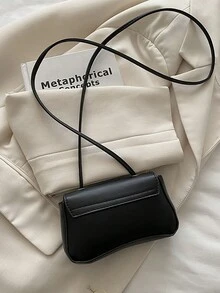 女款迷你純色PU斜背包，復古弧形翻蓋設計，金屬扣環開合，可調節細肩帶，時尚適用於日常與派對 - 黑色 - 查看 5