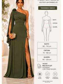 Bridesmaid Dress For Parties, Guests, Receptions, Graduations, Without Glitter, Cape Sleeves In Flowing Fabric With A Flower Brooch. - 深橄欖綠 - 查看 4