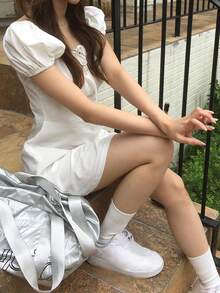 女款純色方領百褶休閒派對泡泡袖洋裝，優雅白色夏季款 - 白色 - 查看 8