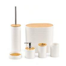Bathroom Accessories Set 6 Piece Modern Bathroom Decor Set With Trash - White - View 2