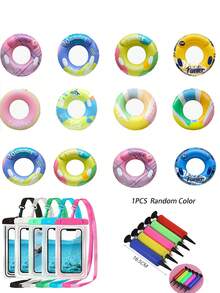 1 Set de flotador inflable para piscina, funda impermeable para teléfono y bomba de aire, aro inflable de PVC de 60-100cm, flotadores de brazo inflables unisex, incluye estilo de dona verde, rosa, chocolate, estilo de sandía, adecuado para adultos, adolescentes, fiesta en la playa, piscina, playa, vacaciones de verano, flotador de ocio para piscina - Múltiples estilos - Ver 2