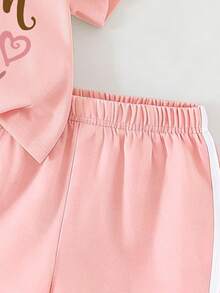 青少年女孩印花圖案（漂亮女孩、字母與心形圖案）圓領T恤 + 短褲 夏季新款日常舒適女孩套裝 - 粉色 - 查看 6