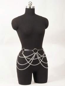 1 pieza Cinturón de cintura de cuero PU estilo punk gótico con cadena de metal multicapa, arnés corporal ajustable con anillo en O para cadera, accesorio para fiesta rave & atuendo de festival - Negro - Ver 4