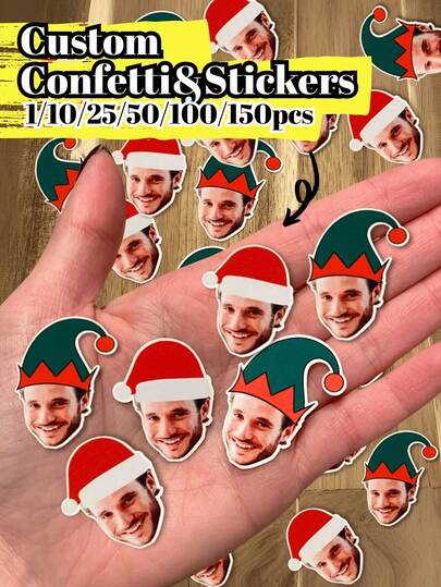 10/25/50/100/150pcs, Holiday Custom Face Confetti, Christmas Confetti Decorations, Face Confetti, Custom Decorations, Santa Face, Elf Face, Face Topper, Leprechaun Topper, Christmas Toppers, Christmas Stickers, Lightweight, Commuting, Leisure, Vintage, Cute, Adorable, Contracted, Funny, Vacay Vibes/Vacation, Custom, Personalized, Unique, Customized, Personalised Topper.,Christmas Gift Supplies