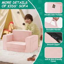 Sofá para niños Silla 2 en 1 para niño pequeños de 1 a 3 años Silla Convertible para niños sofá Plegable para niños pequeños sillones para niño y niñas Tejido Polar Coral Suave - Rosado - Ver 5