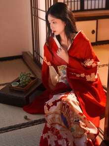 Yukatas - Red Kimono With Red Obi (sash) - View 1