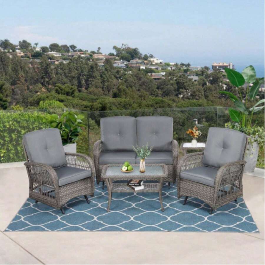 Weather-Resistant Wicker Garden Lounge Set For Terrace And Patio - Mimbre Gris/Cojines Grises - View 1