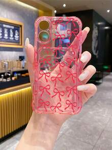 1pc Pink Transparent TPU Red Hand-Drawn Bow Pattern Four-Corner Anti-Drop Integrated Card Holder Phone Case, Simple Fashion Versatile Creative Personalized, Full Coverage Protection Dustproof Waterproof Soft Shell Suitable For Versatile Phone Case/Card Holder Phone Case/Interesting Phone Case - Multicolor - View 4