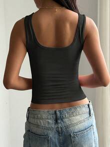 Vaiaye Women's Solid Color Square Neck Fitted Casual Camisole, Minimalist Retro Solid Color Vest, Summer Fashion Backless Knit Camisole, Casual Versatile, Suitable For Commuting Black - Black - View 2