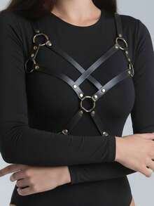 1pc Women's Punk Style Black Sexy Hollow Out Bustier Cross Strap PU Leather Harness Bondage Top, Suitable For Nightclub, Rave Night Or Theme Party Atmosphere Outfit - Black - View 5
