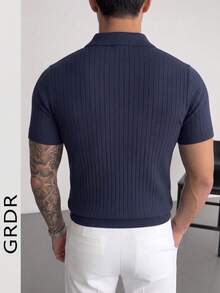 GRDR Men's Summer Knit Polo Shirt, Solid Color Short Sleeve Knitted Collar, Suitable For Summer Outings, Essential For Fashionable Outfit - Navy Blue - View 6